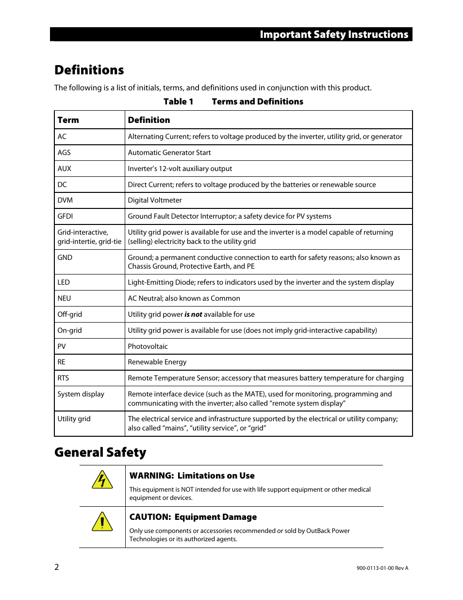 Definitions, General safety, Important safety instructions | Outback Power Systems GFX Series Inverter/Charger Installation Manual User Manual | Page 4 / 40