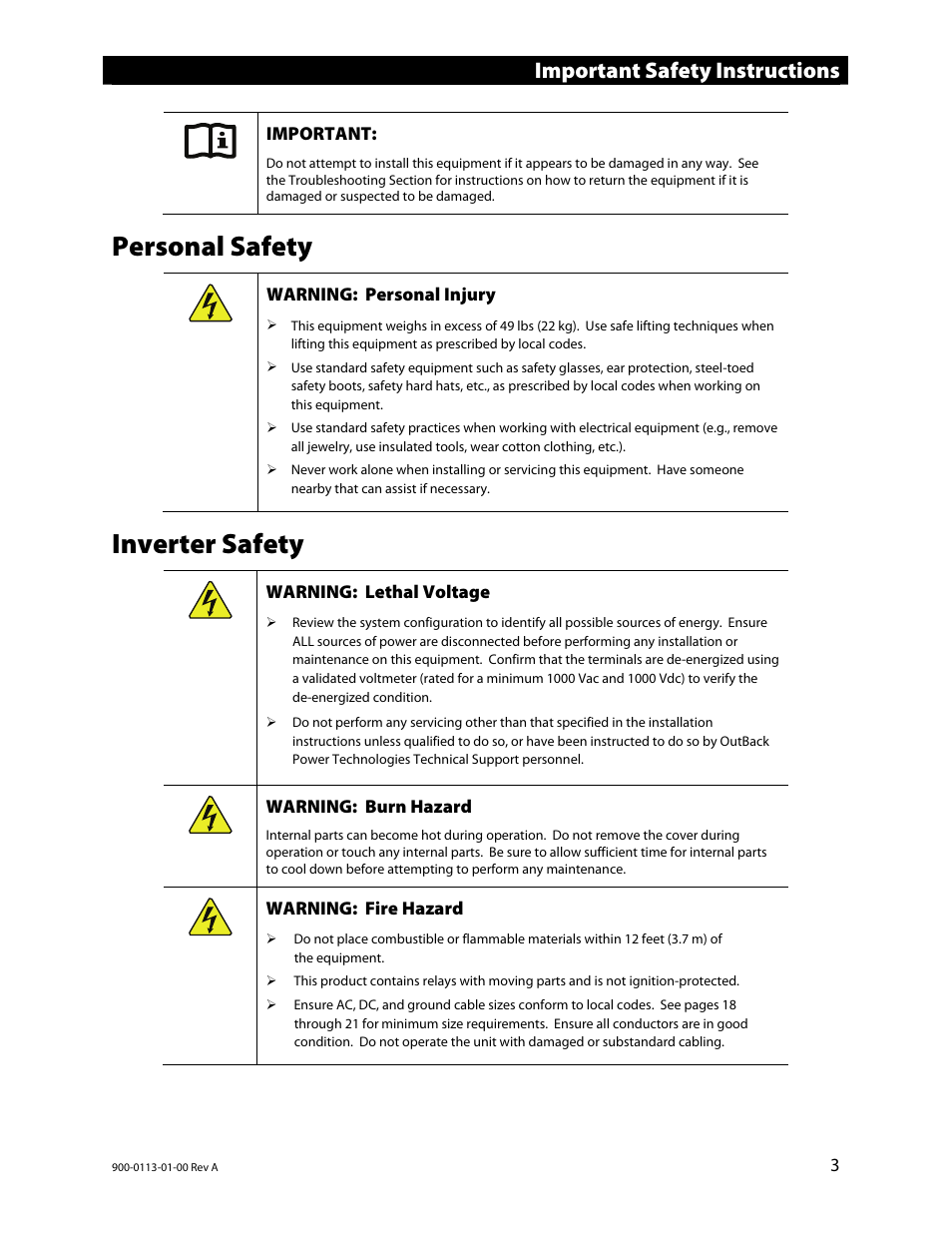 Personal safety, Inverter safety, Important safety instructions | Outback Power Systems GFX Series Inverter/Charger Installation Manual User Manual | Page 5 / 40