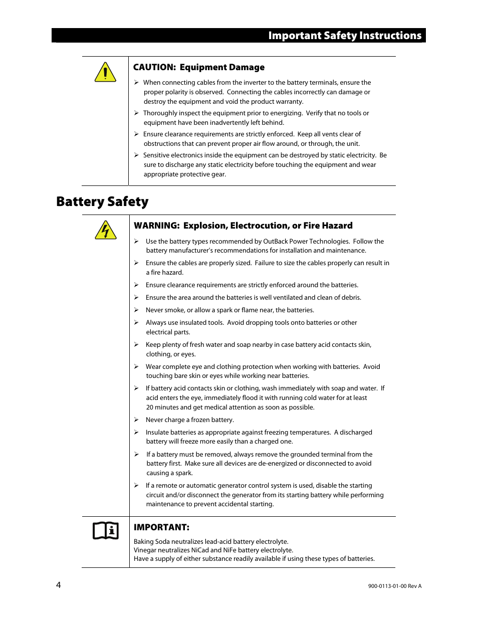 Battery safety, Important safety instructions | Outback Power Systems GFX Series Inverter/Charger Installation Manual User Manual | Page 6 / 40