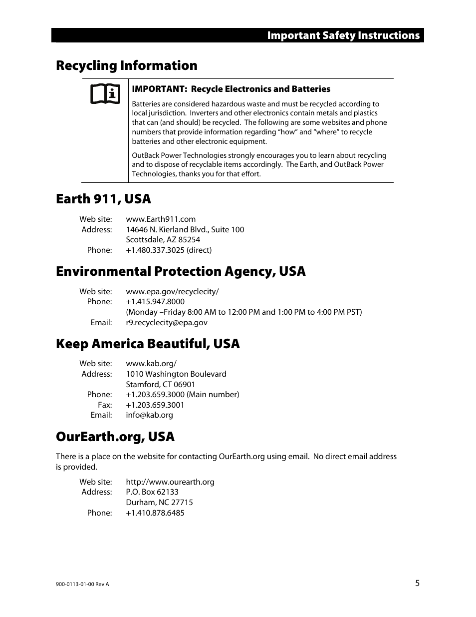 Recycling information, Earth 911, usa, Environmental protection agency, usa | Keep america beautiful, usa, Ourearth.org, usa, Important safety instructions | Outback Power Systems GFX Series Inverter/Charger Installation Manual User Manual | Page 7 / 40