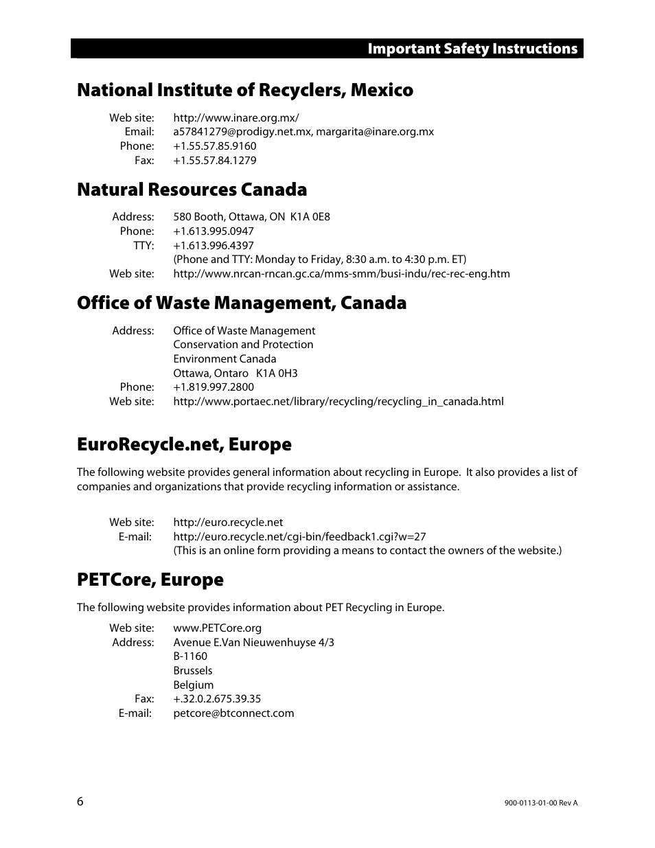 National institute of recyclers, mexico, Natural resources canada, Office of waste management, canada | Eurorecycle.net, europe, Petcore, europe, Important safety instructions | Outback Power Systems GFX Series Inverter/Charger Installation Manual User Manual | Page 8 / 40