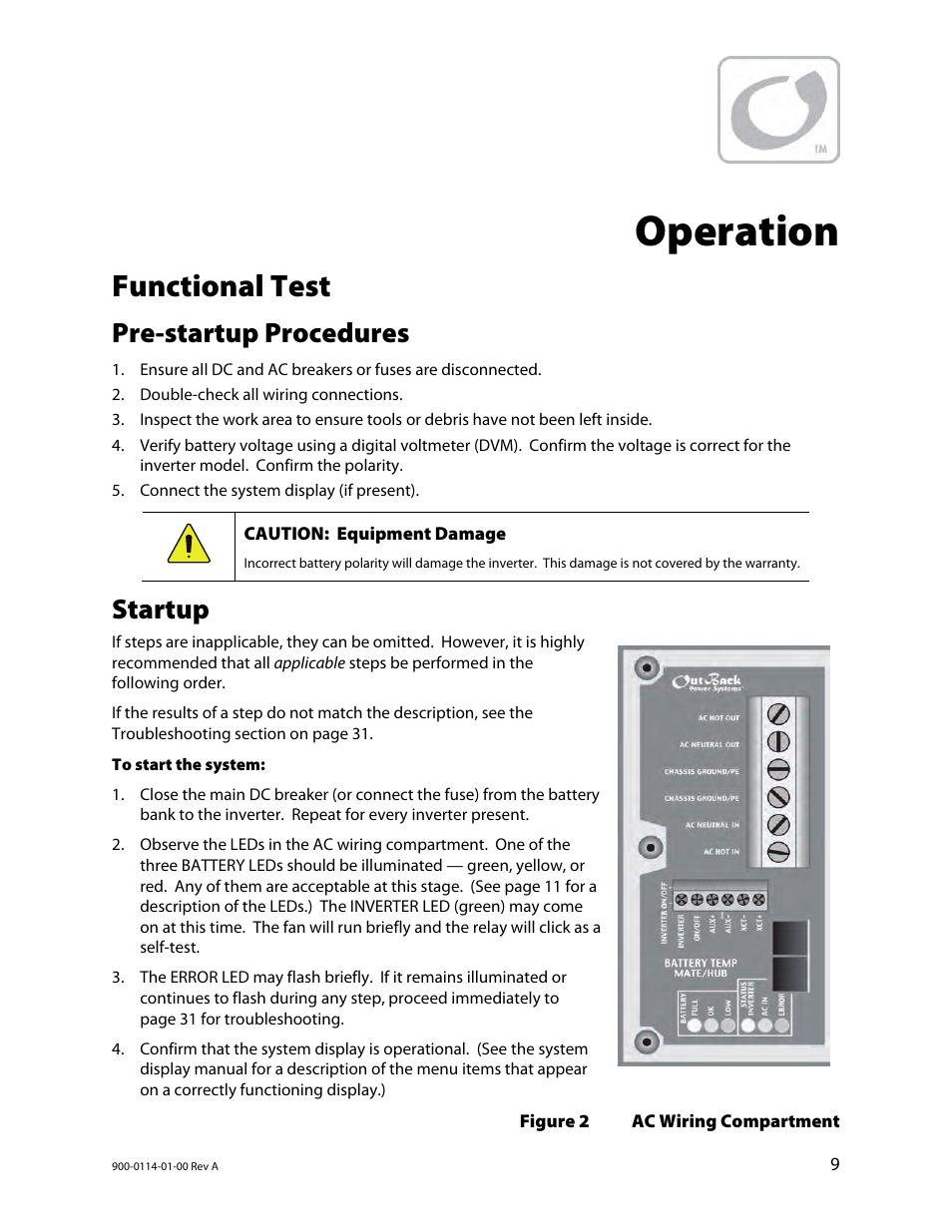 Operation, Functional test, Pre-startup procedures | Startup | Outback Power Systems GFX Series Inverter/Charger Operators Manual User Manual | Page 11 / 64