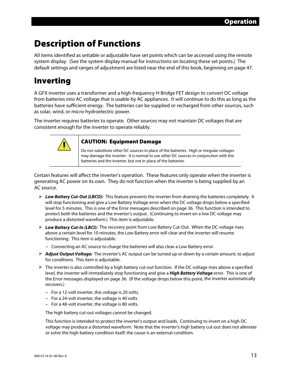 Description of functions, Inverting, Operation | Outback Power Systems GFX Series Inverter/Charger Operators Manual User Manual | Page 15 / 64