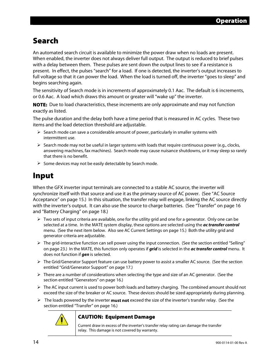 Search, Input, 14 fo | Operation | Outback Power Systems GFX Series Inverter/Charger Operators Manual User Manual | Page 16 / 64