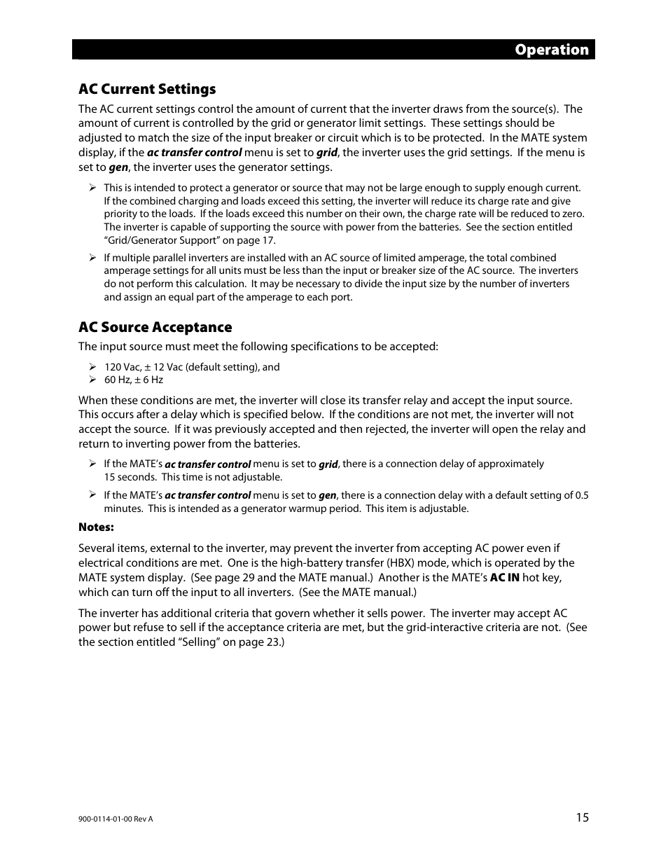 Ac current settings, Ac source acceptance, ) both the utility grid and | Operation | Outback Power Systems GFX Series Inverter/Charger Operators Manual User Manual | Page 17 / 64