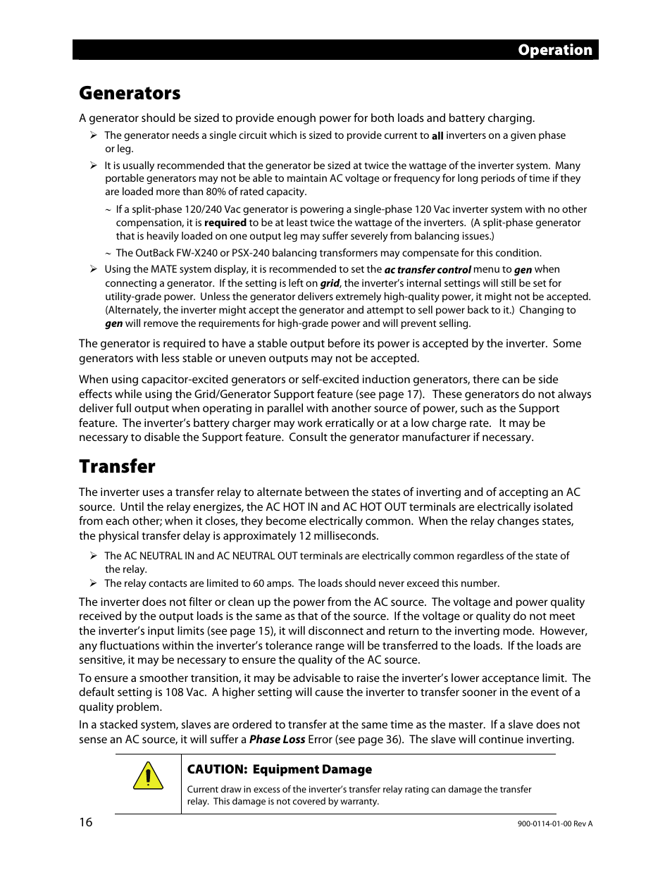 Generators, Transfer, Operation | Outback Power Systems GFX Series Inverter/Charger Operators Manual User Manual | Page 18 / 64