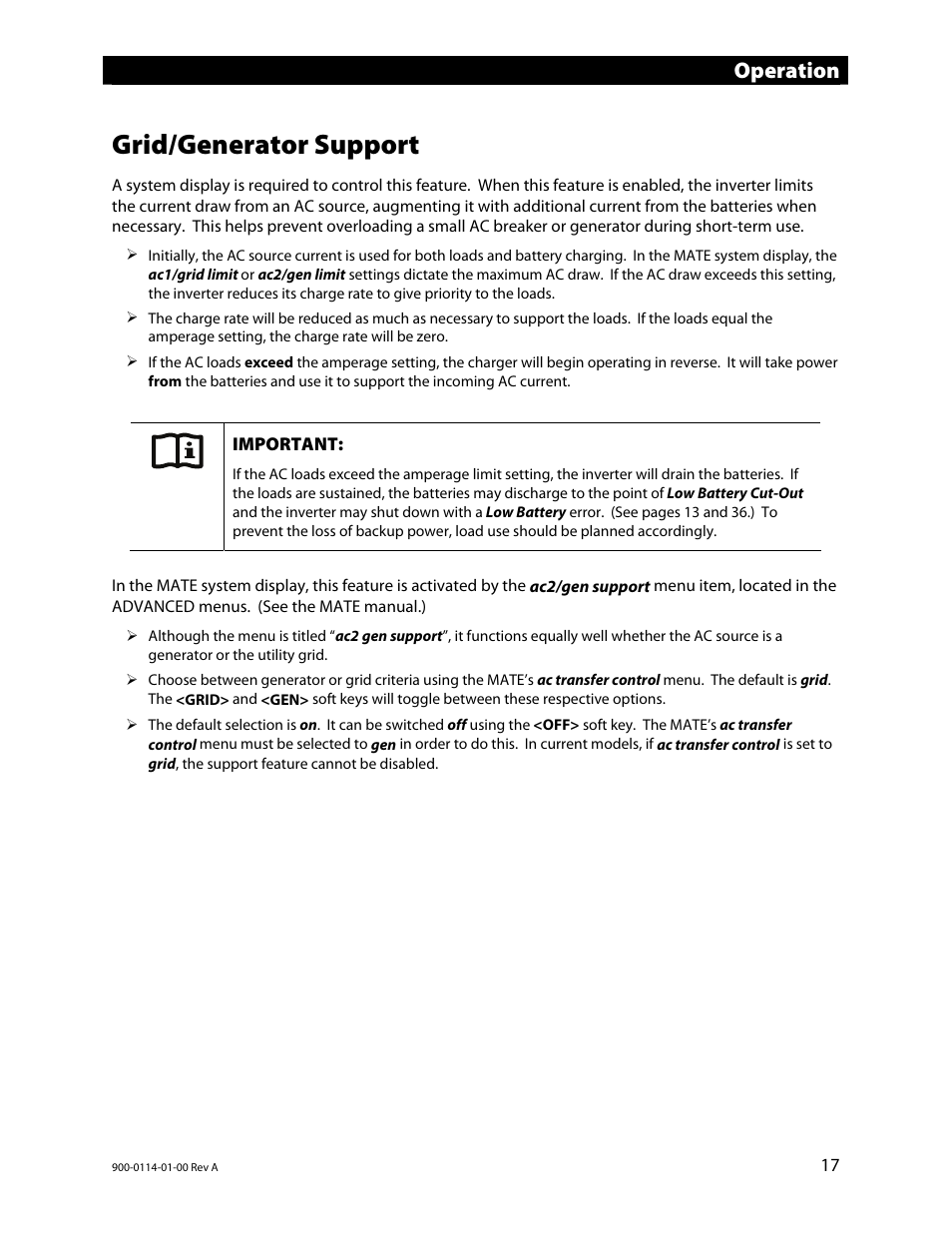 Grid/generator support, Operation | Outback Power Systems GFX Series Inverter/Charger Operators Manual User Manual | Page 19 / 64