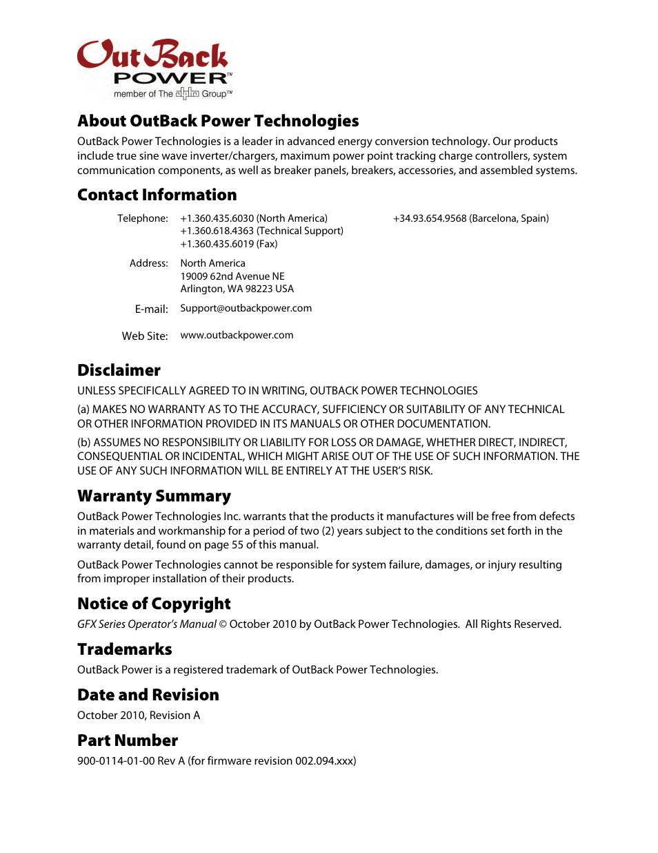 About outback power technologies, Contact information, Disclaimer | Warranty summary, Notice of copyright, Trademarks, Date and revision, Part number | Outback Power Systems GFX Series Inverter/Charger Operators Manual User Manual | Page 2 / 64