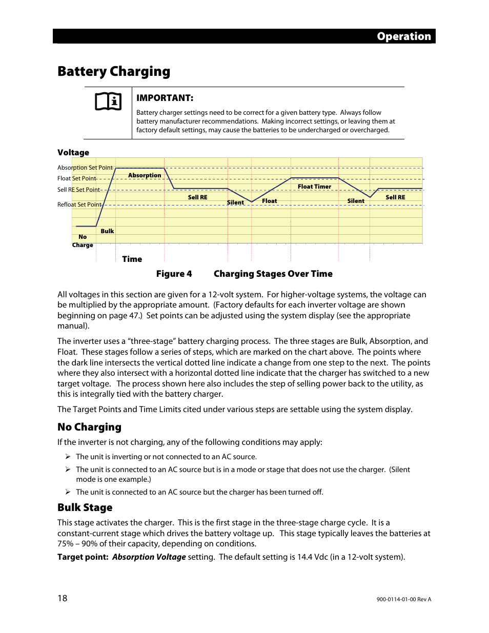 Battery charging, Operation, No charging | Bulk stage | Outback Power Systems GFX Series Inverter/Charger Operators Manual User Manual | Page 20 / 64