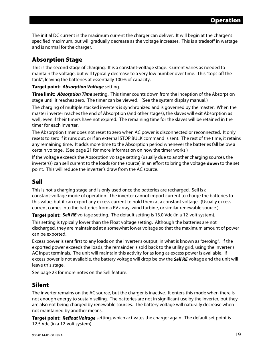 Absorption stage, Sell, Silent | Operation | Outback Power Systems GFX Series Inverter/Charger Operators Manual User Manual | Page 21 / 64