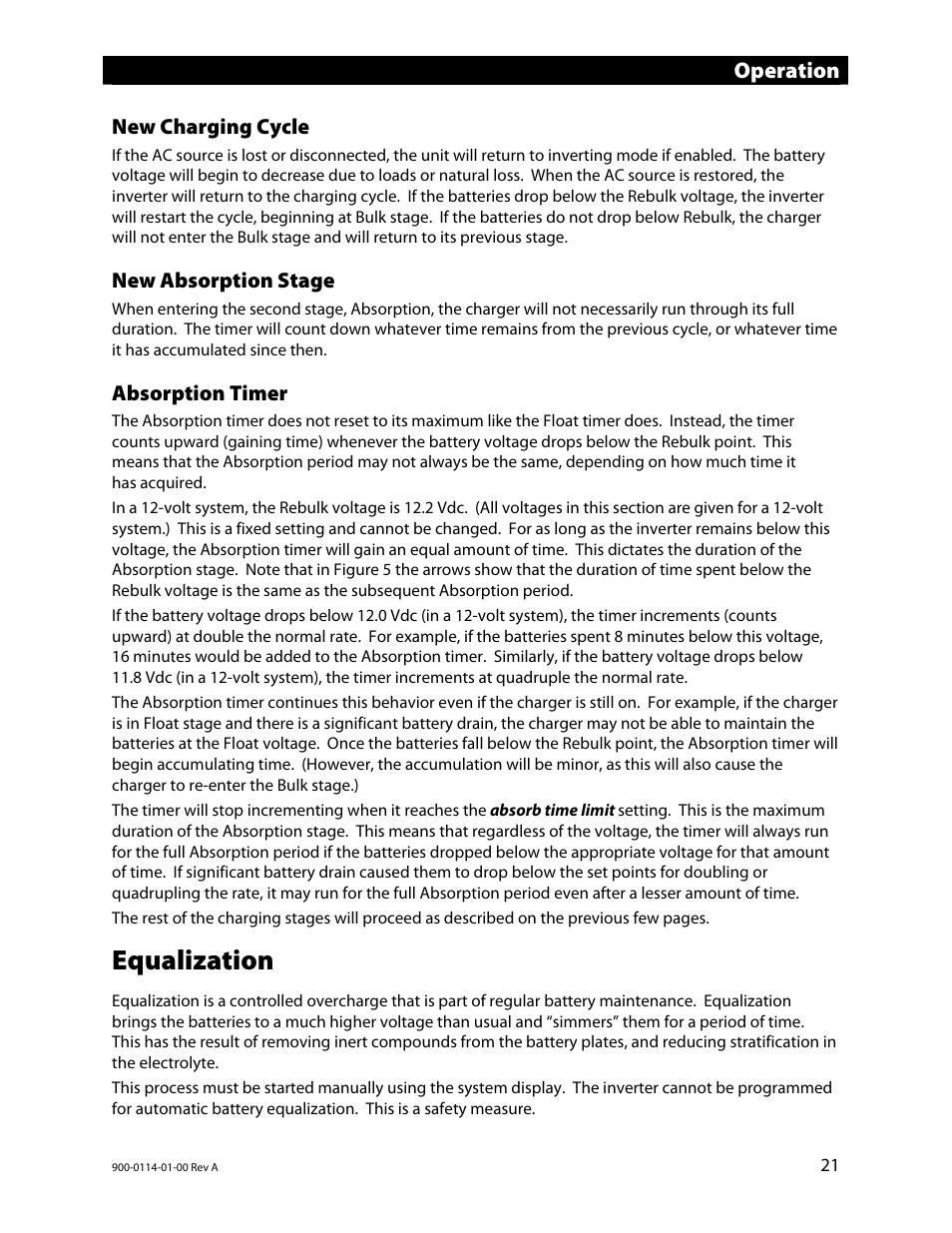 New charging cycle, New absorption stage, Absorption timer | Equalization, Operation | Outback Power Systems GFX Series Inverter/Charger Operators Manual User Manual | Page 23 / 64