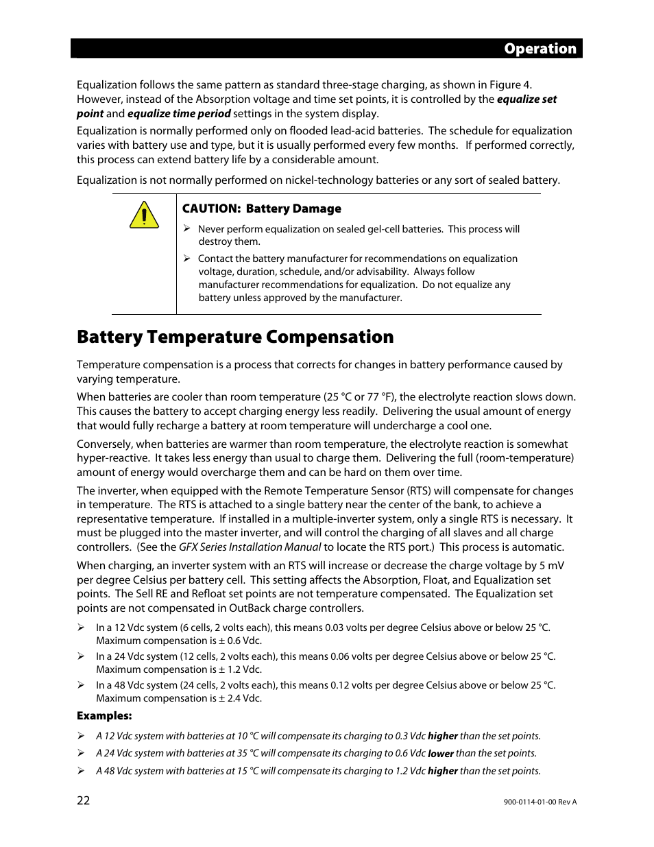 Battery temperature compensation, Operation | Outback Power Systems GFX Series Inverter/Charger Operators Manual User Manual | Page 24 / 64