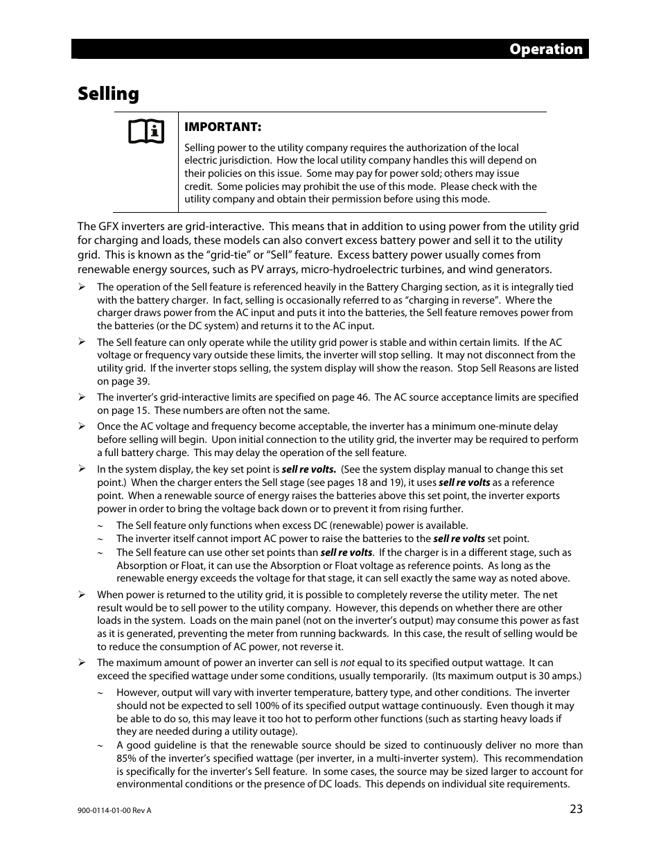 Selling, Operation | Outback Power Systems GFX Series Inverter/Charger Operators Manual User Manual | Page 25 / 64