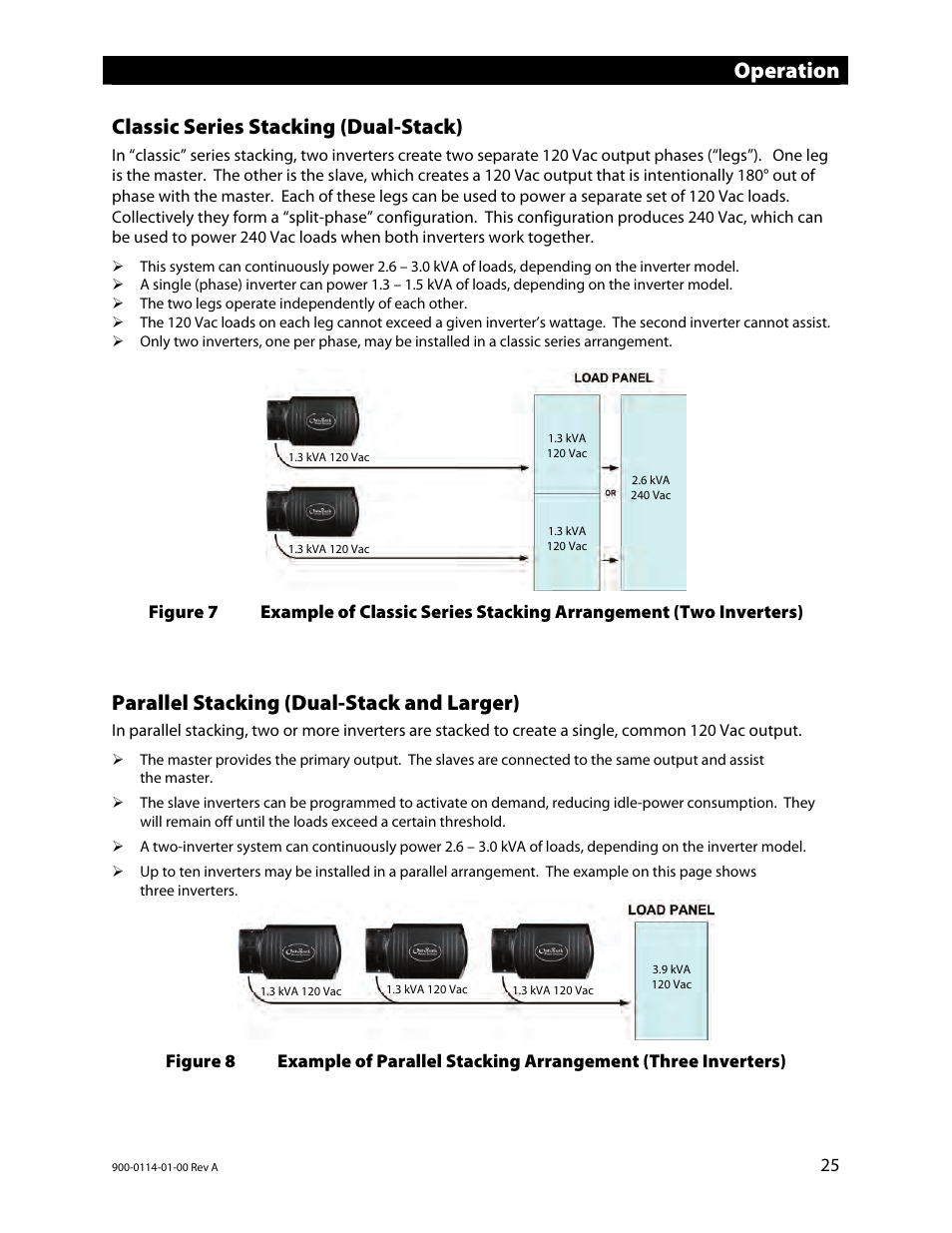 Classic series stacking (dual-stack), Parallel stacking (dual-stack and larger), Operation | Outback Power Systems GFX Series Inverter/Charger Operators Manual User Manual | Page 27 / 64