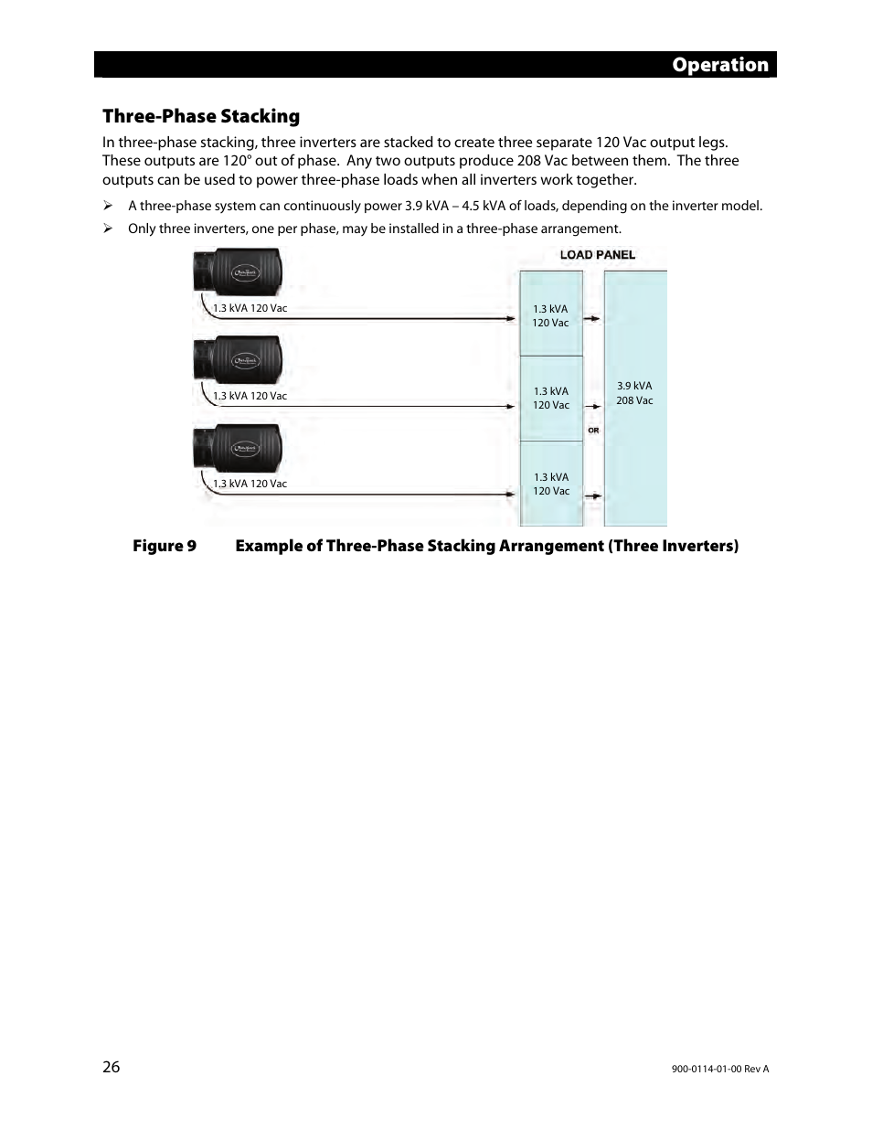 Three-phase stacking, Operation | Outback Power Systems GFX Series Inverter/Charger Operators Manual User Manual | Page 28 / 64