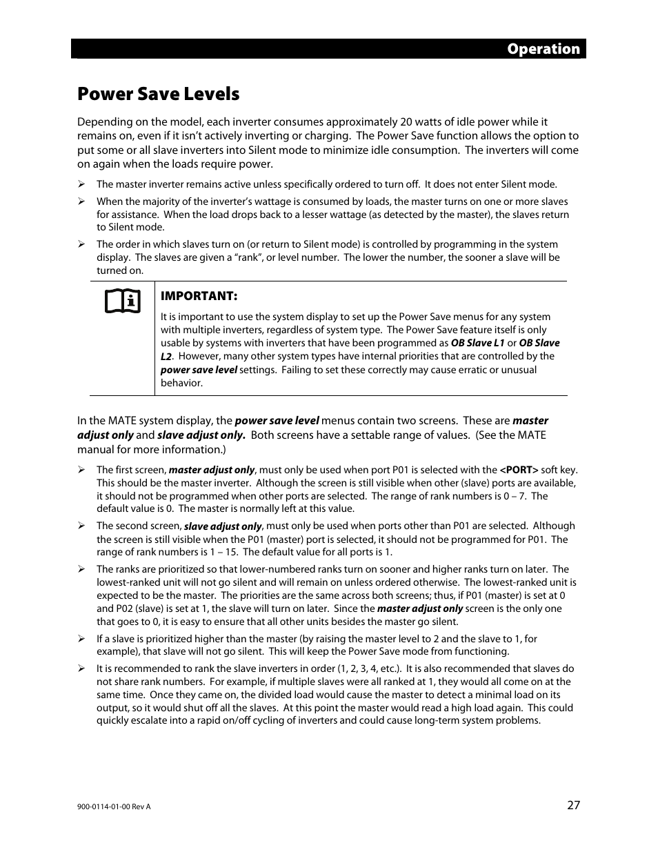 Power save levels, Operation | Outback Power Systems GFX Series Inverter/Charger Operators Manual User Manual | Page 29 / 64