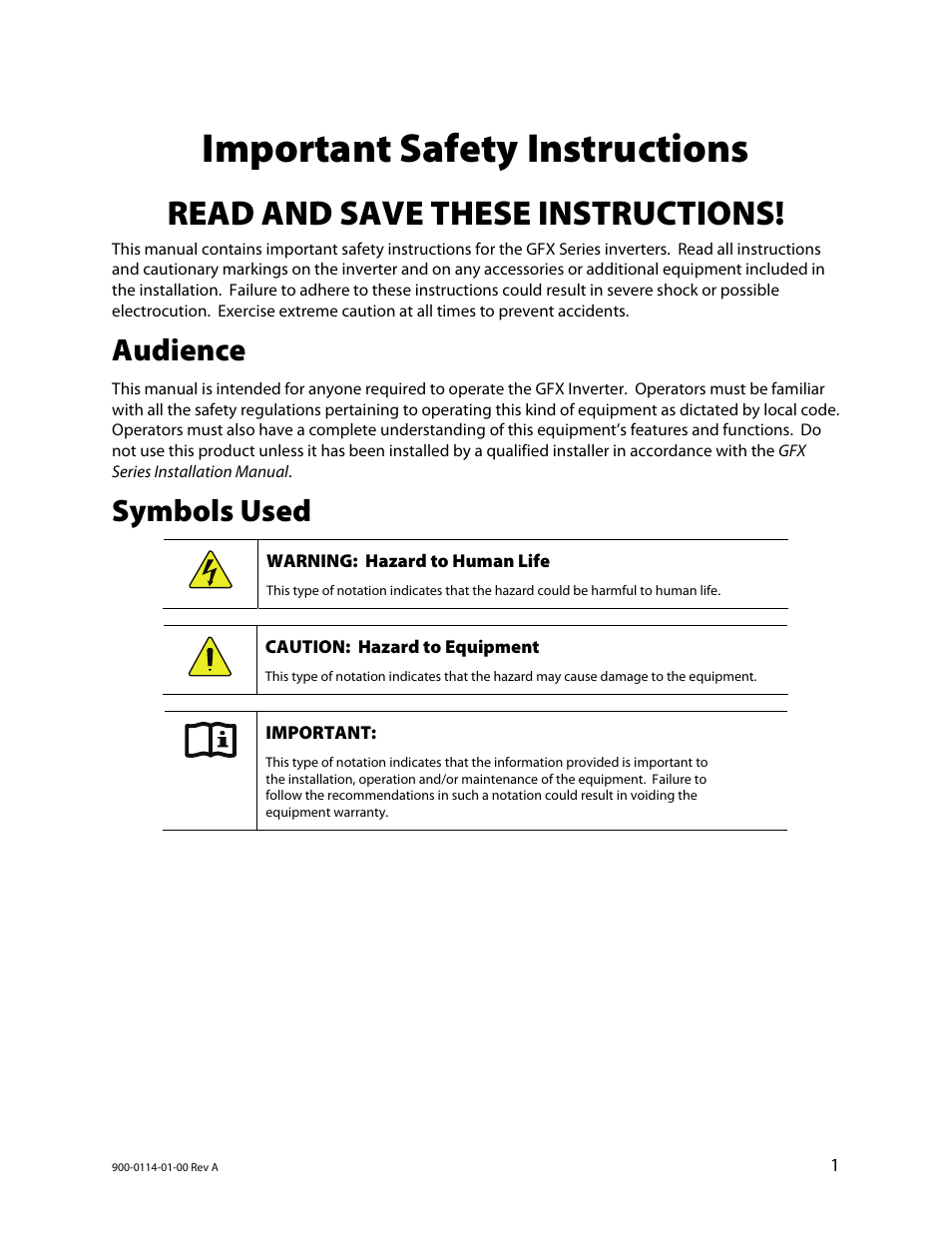 Important safety instructions, Audience, Symbols used | Read and save these instructions | Outback Power Systems GFX Series Inverter/Charger Operators Manual User Manual | Page 3 / 64