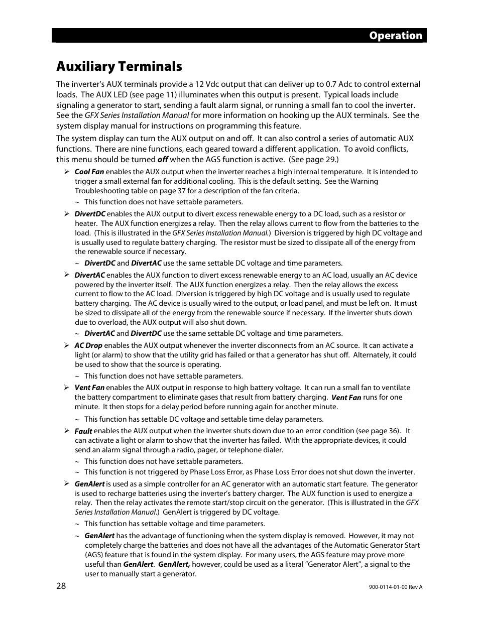 Auxiliary terminals, Operation | Outback Power Systems GFX Series Inverter/Charger Operators Manual User Manual | Page 30 / 64