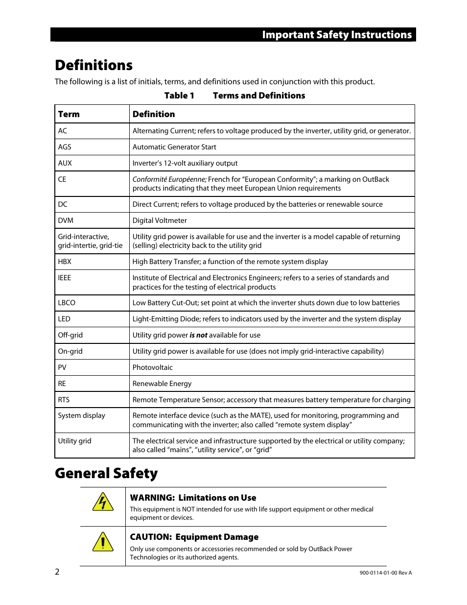 Definitions, General safety, Important safety instructions | Outback Power Systems GFX Series Inverter/Charger Operators Manual User Manual | Page 4 / 64