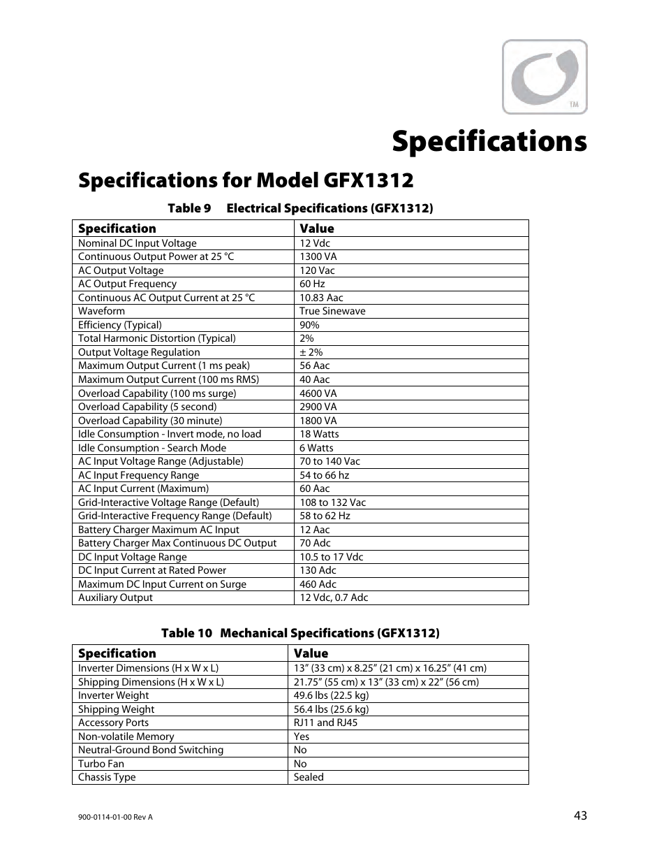 Specifications, Specifications for model gfx1312 | Outback Power Systems GFX Series Inverter/Charger Operators Manual User Manual | Page 45 / 64