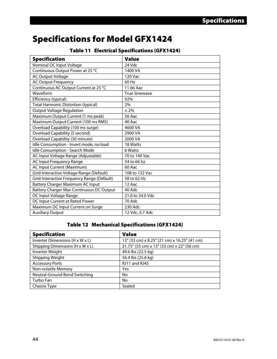 Specifications for model gfx1424, Specifications | Outback Power Systems GFX Series Inverter/Charger Operators Manual User Manual | Page 46 / 64