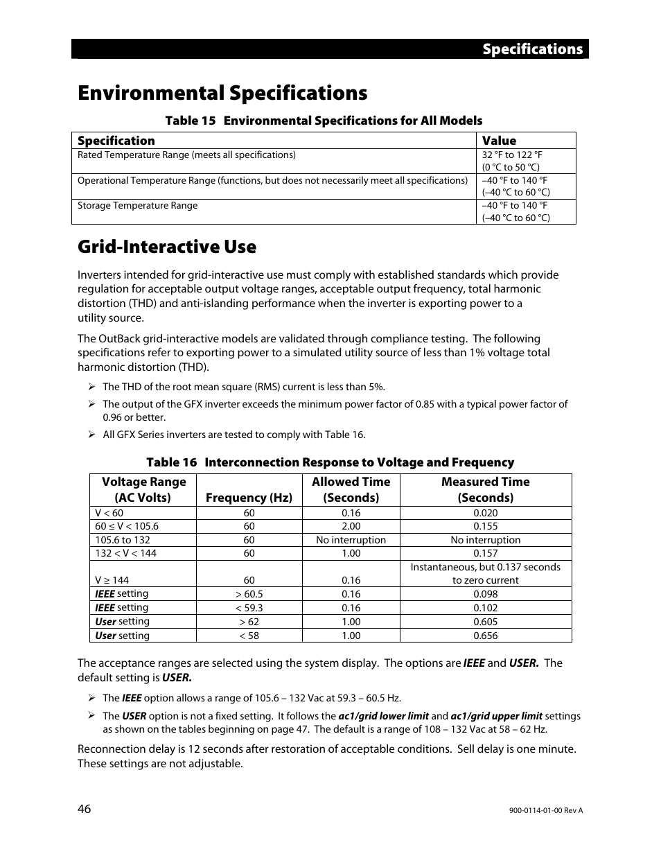 Environmental specifications, Grid-interactive use, Specifications | Outback Power Systems GFX Series Inverter/Charger Operators Manual User Manual | Page 48 / 64