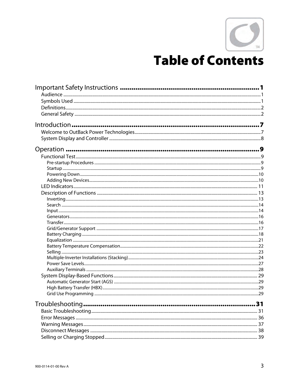 Outback Power Systems GFX Series Inverter/Charger Operators Manual User Manual | Page 5 / 64