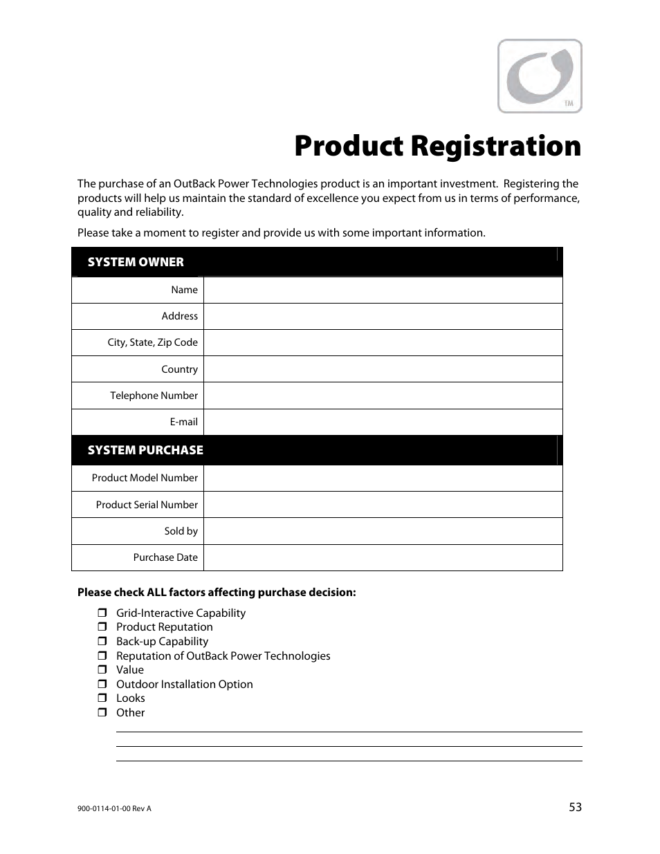 Product registration | Outback Power Systems GFX Series Inverter/Charger Operators Manual User Manual | Page 55 / 64