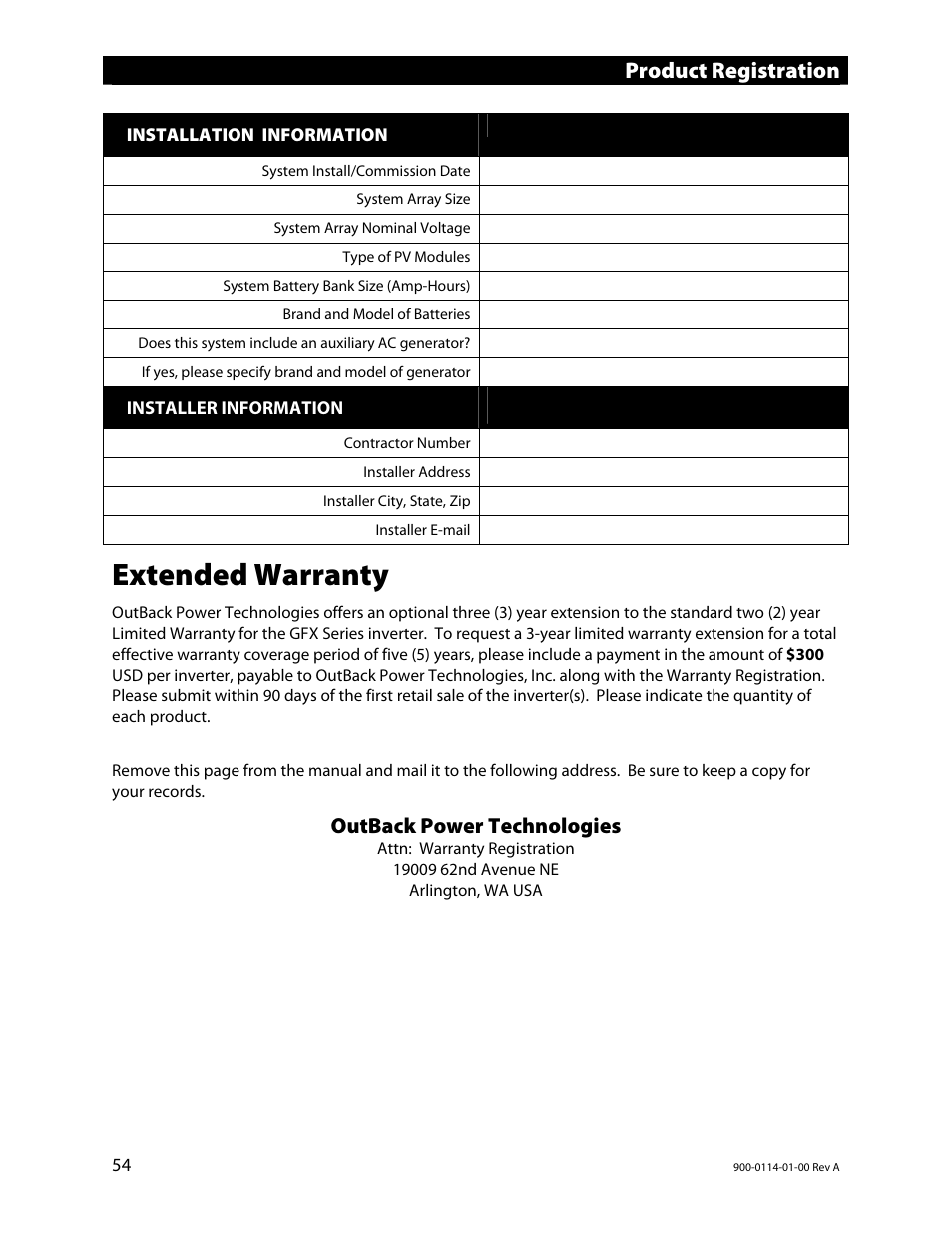 Extended warranty, Product registration, Outback power technologies | Outback Power Systems GFX Series Inverter/Charger Operators Manual User Manual | Page 56 / 64