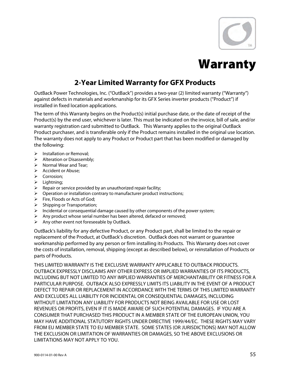 Warranty, Year limited warranty for gfx products | Outback Power Systems GFX Series Inverter/Charger Operators Manual User Manual | Page 57 / 64