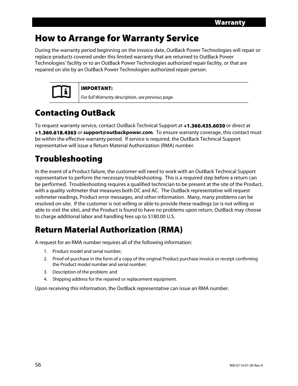 How to arrange for warranty service, Contacting outback, Troubleshooting | Return material authorization (rma), Warranty | Outback Power Systems GFX Series Inverter/Charger Operators Manual User Manual | Page 58 / 64