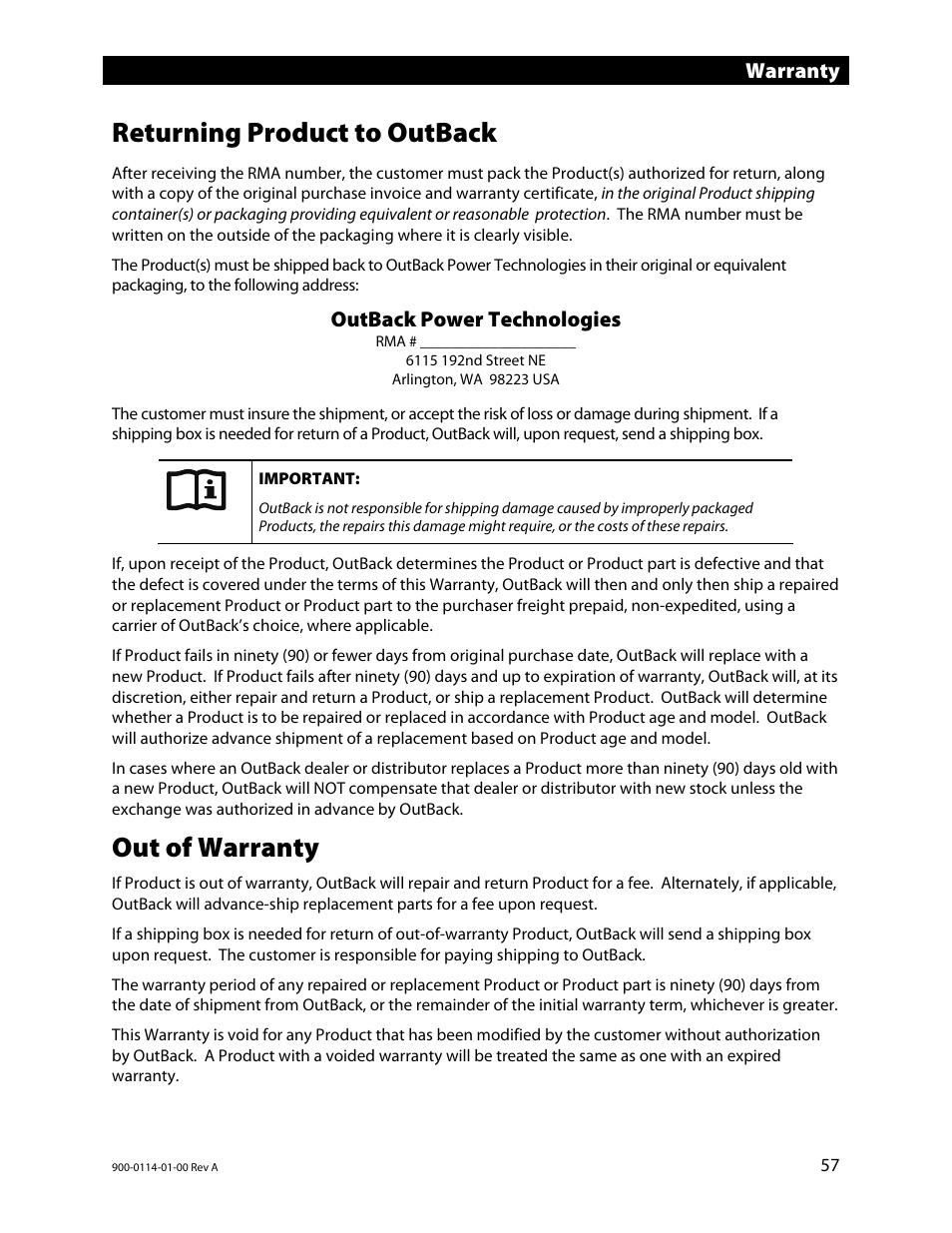 Returning product to outback, Out of warranty, Warranty | Outback power technologies | Outback Power Systems GFX Series Inverter/Charger Operators Manual User Manual | Page 59 / 64