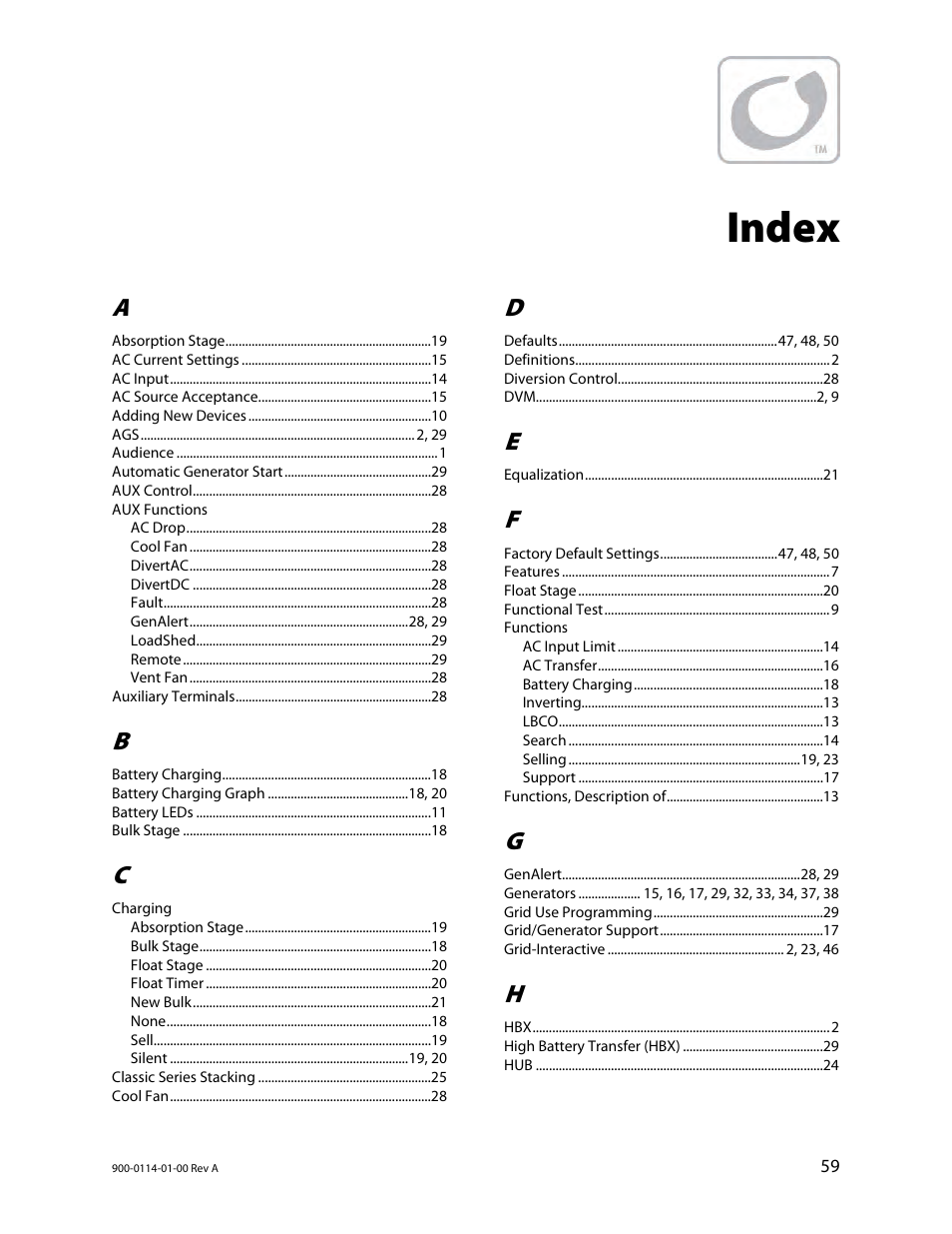Index | Outback Power Systems GFX Series Inverter/Charger Operators Manual User Manual | Page 61 / 64