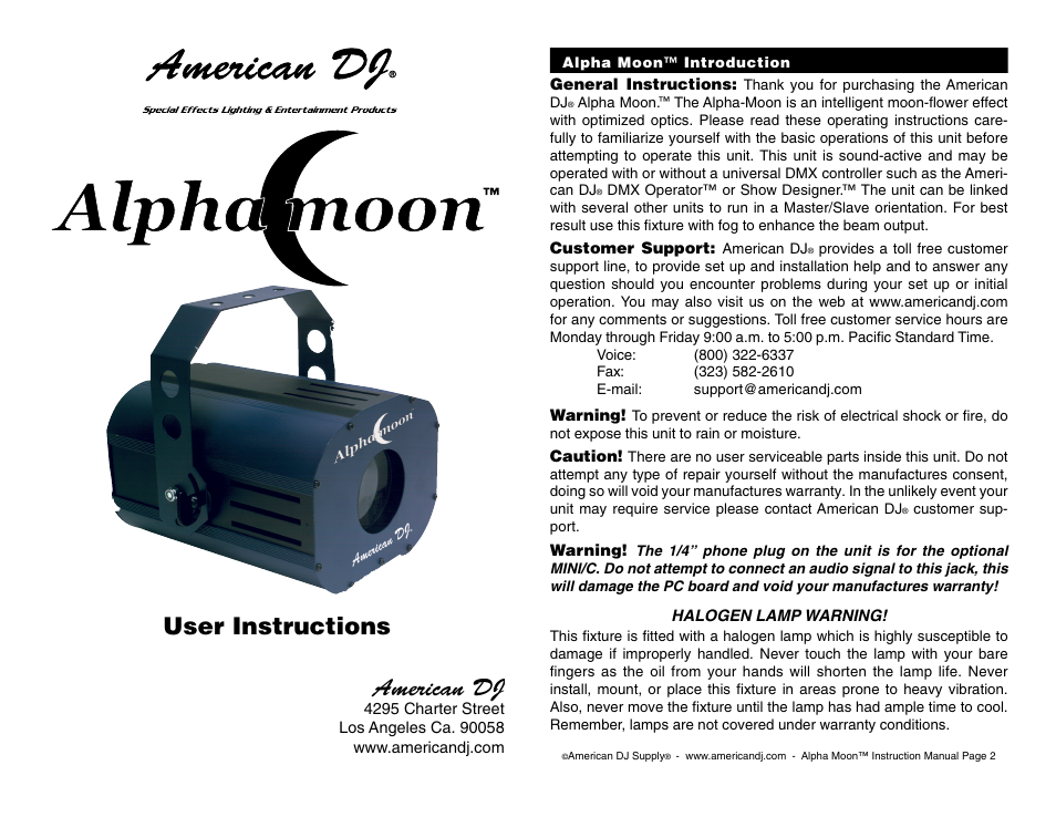 American DJ Alpha Moon User Manual | 8 pages
