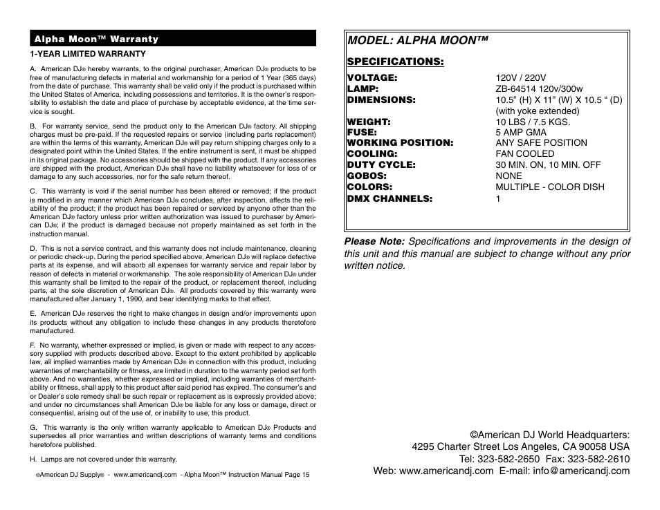 Model: alpha moon | American DJ Alpha Moon User Manual | Page 8 / 8