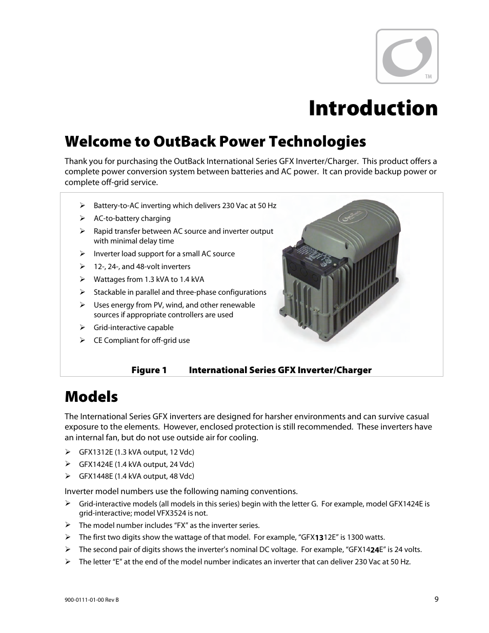 Introduction, Welcome to outback power technologies, Models | Outback Power Systems GFX International Series Installation Manual User Manual | Page 11 / 40