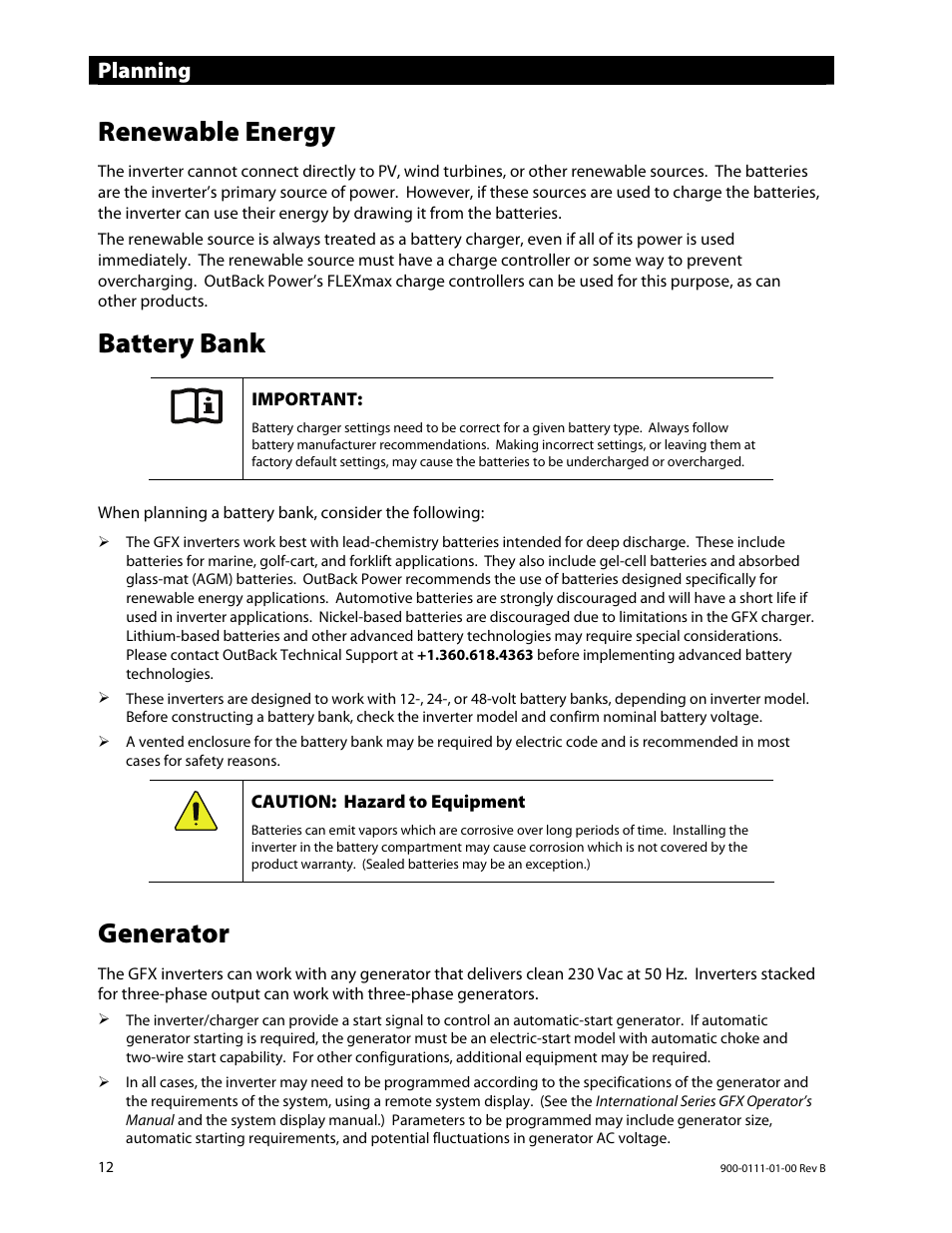 Renewable energy, Battery bank, Generator | Planning | Outback Power Systems GFX International Series Installation Manual User Manual | Page 14 / 40