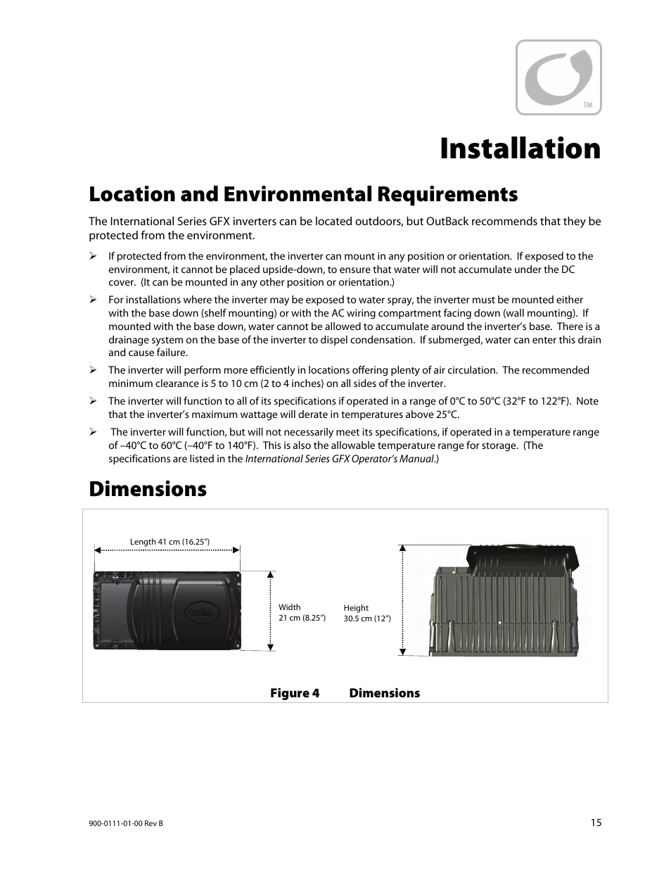 Installation, Location and environmental requirements, Dimensions | Outback Power Systems GFX International Series Installation Manual User Manual | Page 17 / 40