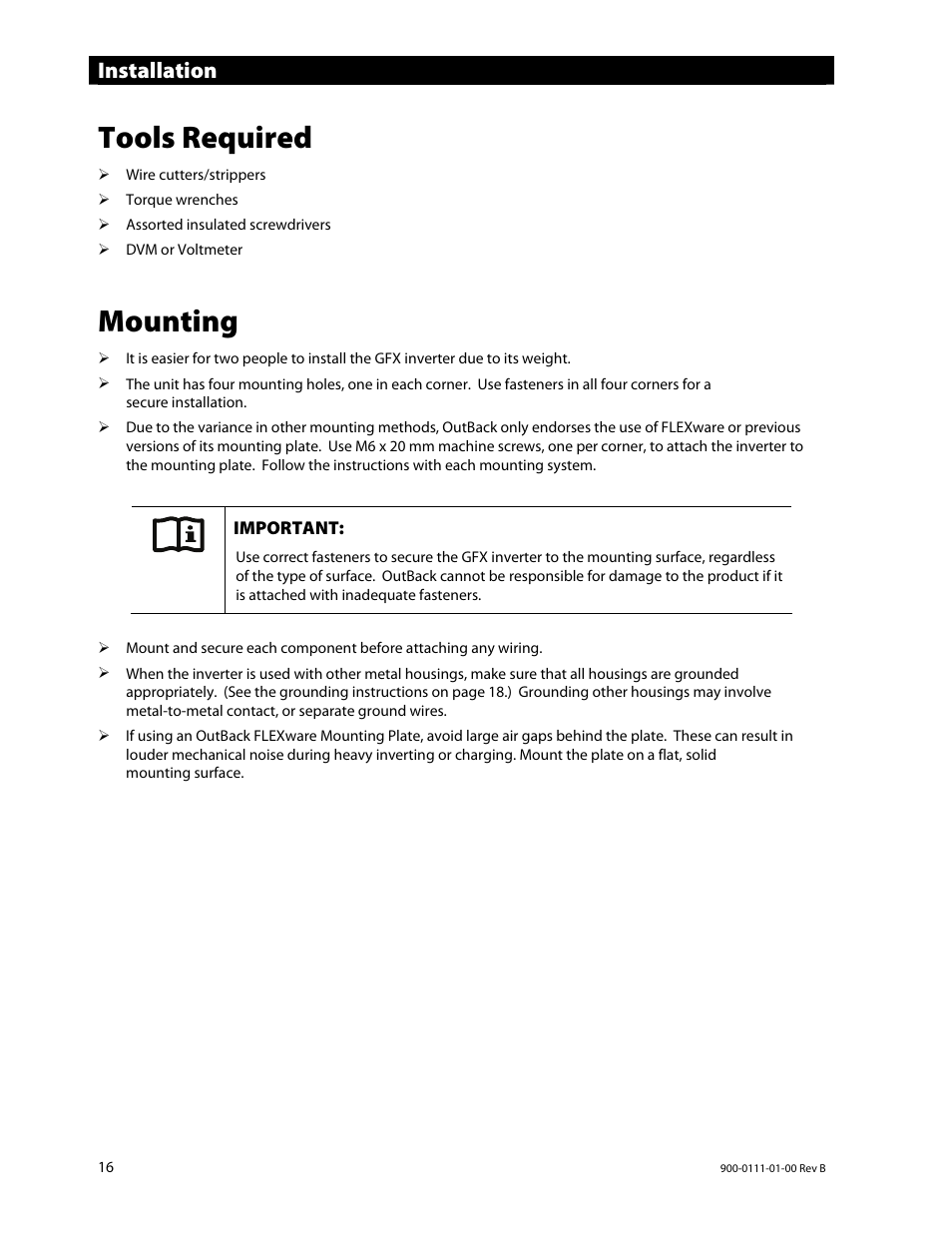 Tools required, Mounting, Installation | Outback Power Systems GFX International Series Installation Manual User Manual | Page 18 / 40