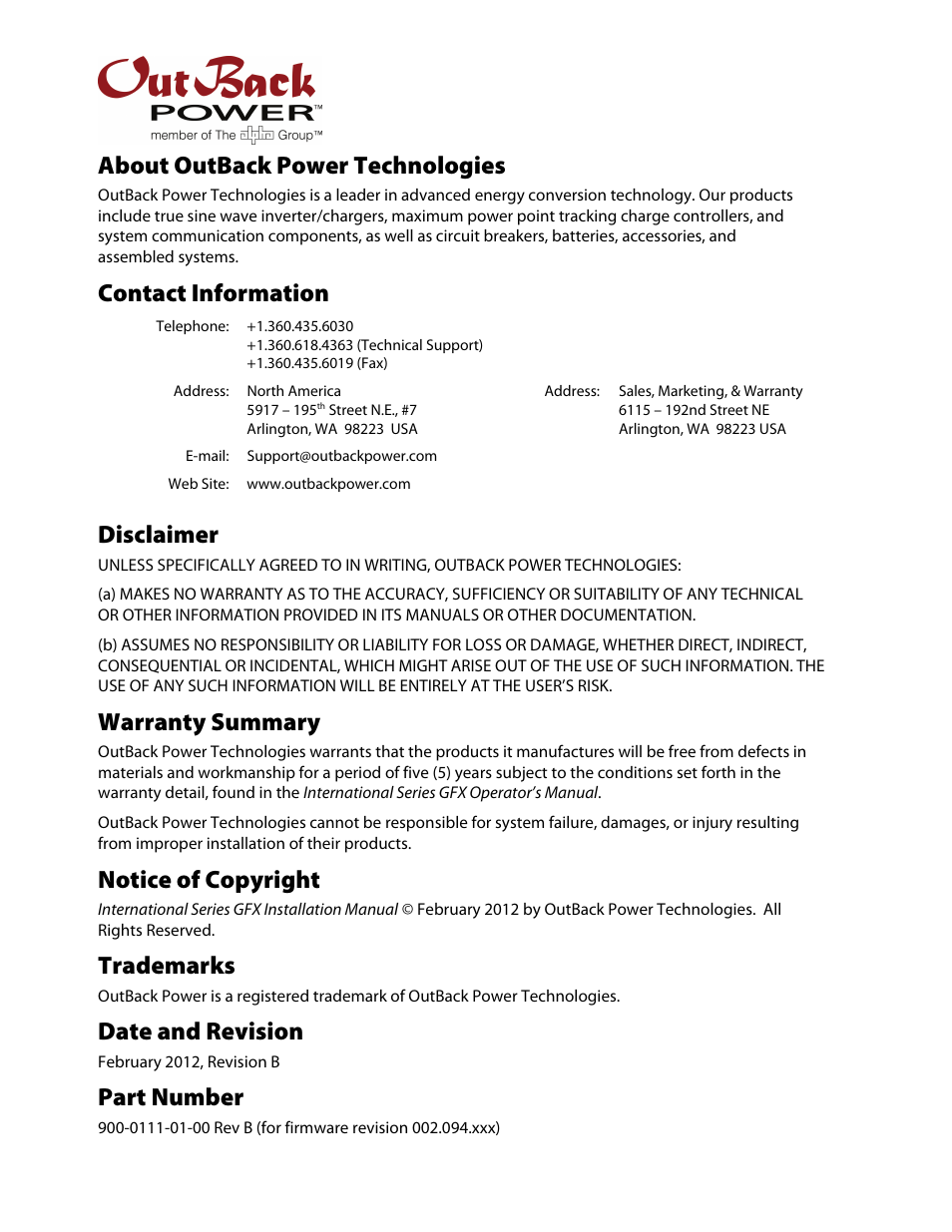 About outback power technologies, Contact information, Disclaimer | Warranty summary, Notice of copyright, Trademarks, Date and revision, Part number | Outback Power Systems GFX International Series Installation Manual User Manual | Page 2 / 40