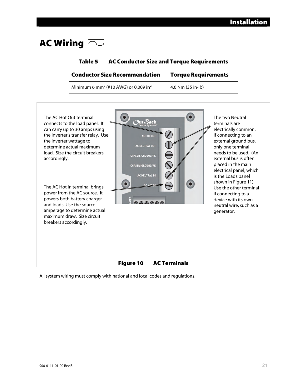 Ac wiring, Installation | Outback Power Systems GFX International Series Installation Manual User Manual | Page 23 / 40
