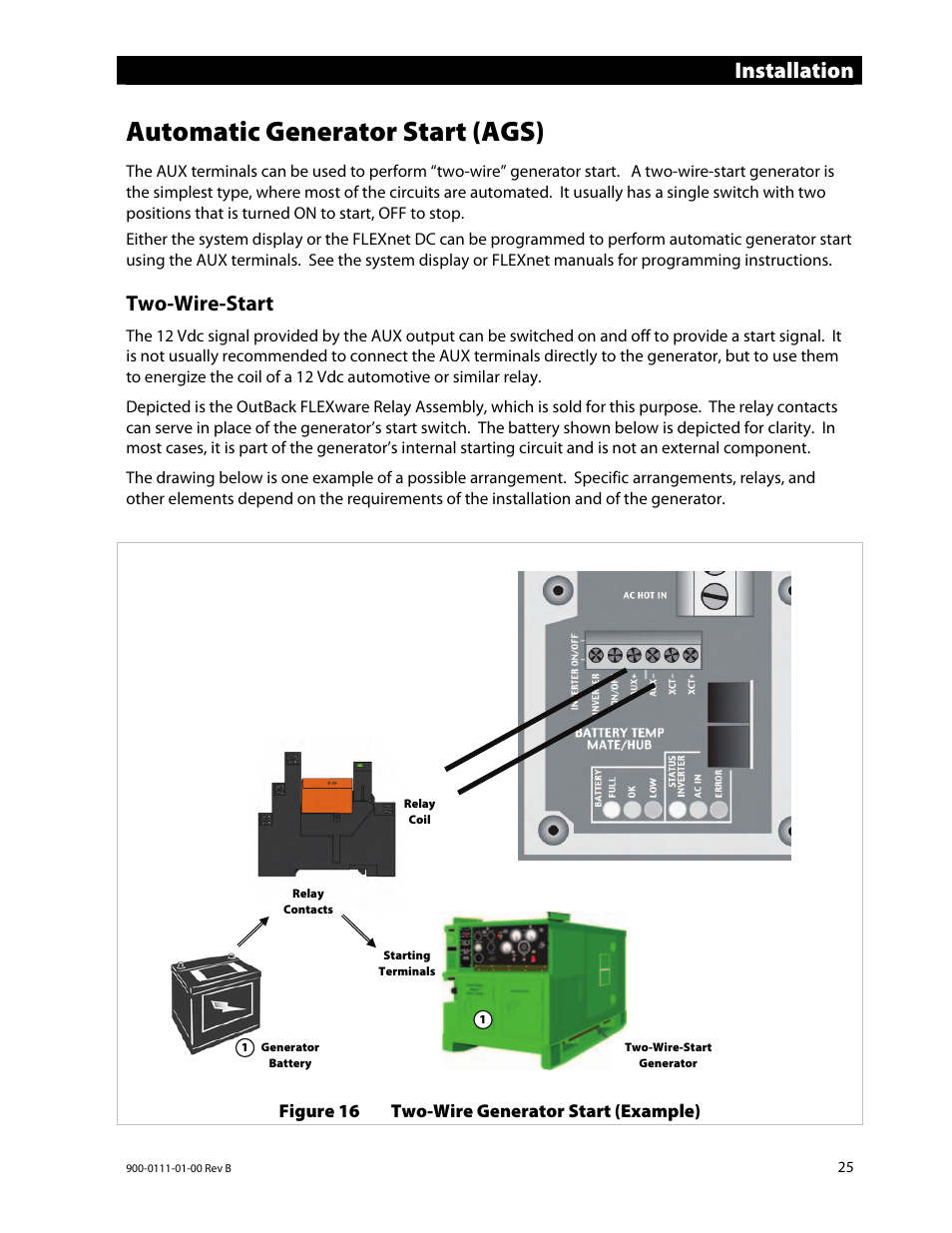 Automatic generator start (ags), Installation, Two-wire-start | Outback Power Systems GFX International Series Installation Manual User Manual | Page 27 / 40