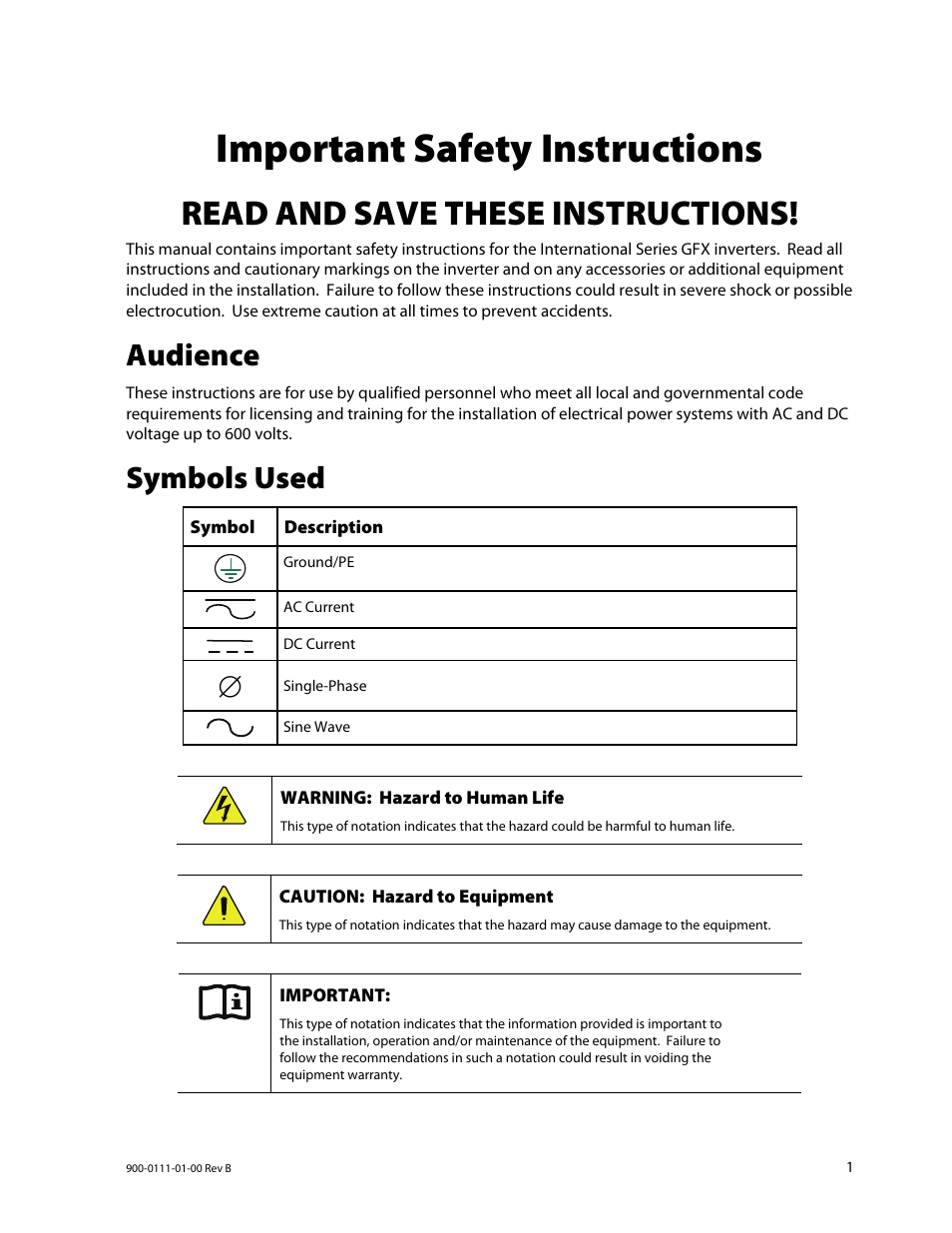 Important safety instructions, Read and save these instructions, Audience | Symbols used | Outback Power Systems GFX International Series Installation Manual User Manual | Page 3 / 40