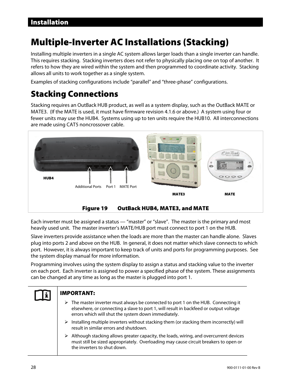 Multiple-inverter ac installations (stacking), Stacking connections, Installation | Outback Power Systems GFX International Series Installation Manual User Manual | Page 30 / 40