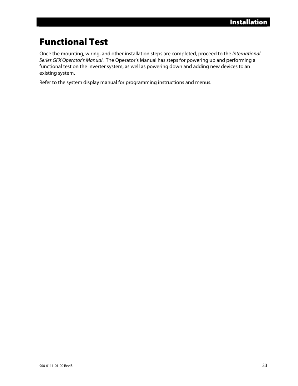 Functional test | Outback Power Systems GFX International Series Installation Manual User Manual | Page 35 / 40