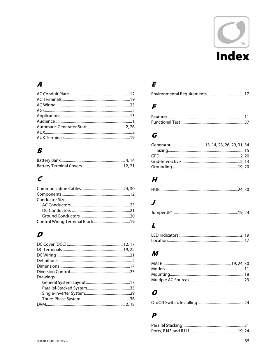Index | Outback Power Systems GFX International Series Installation Manual User Manual | Page 37 / 40