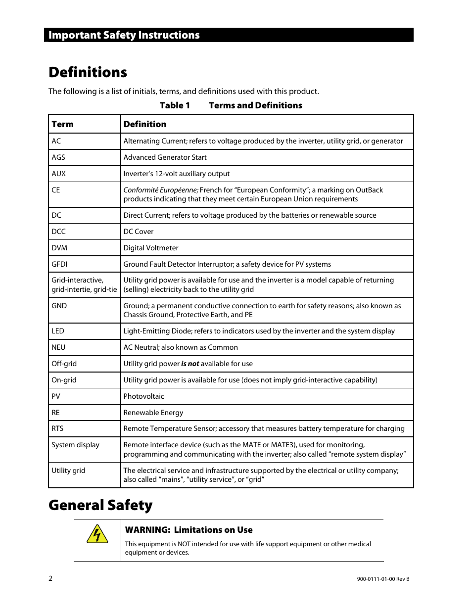 Definitions, General safety, Important safety instructions | Outback Power Systems GFX International Series Installation Manual User Manual | Page 4 / 40