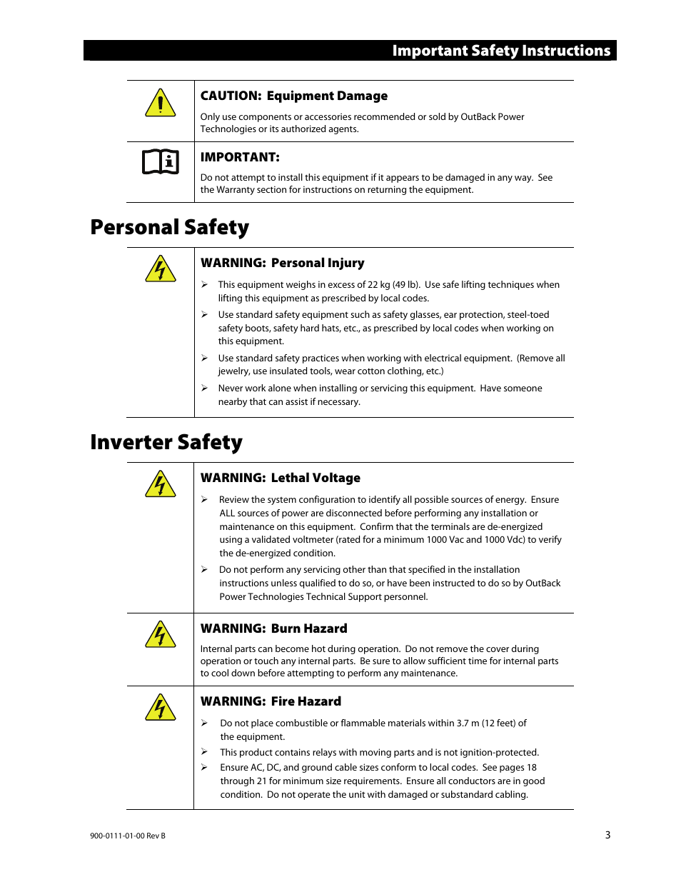 Personal safety, Inverter safety, Important safety instructions | Outback Power Systems GFX International Series Installation Manual User Manual | Page 5 / 40