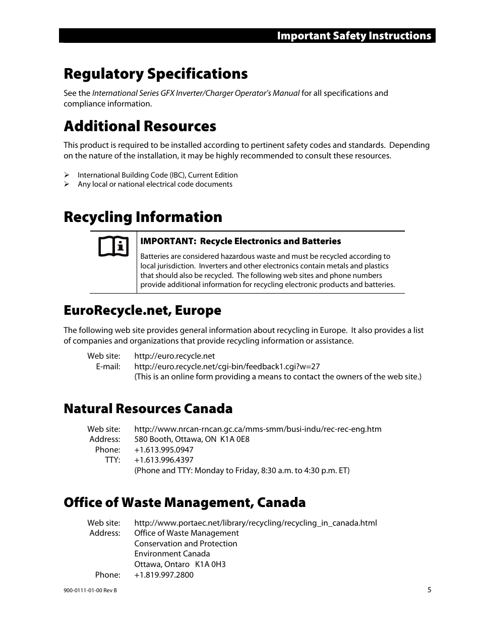 Regulatory specifications, Additional resources, Recycling information | Natural resources canada, Office of waste management, canada, Important safety instructions | Outback Power Systems GFX International Series Installation Manual User Manual | Page 7 / 40