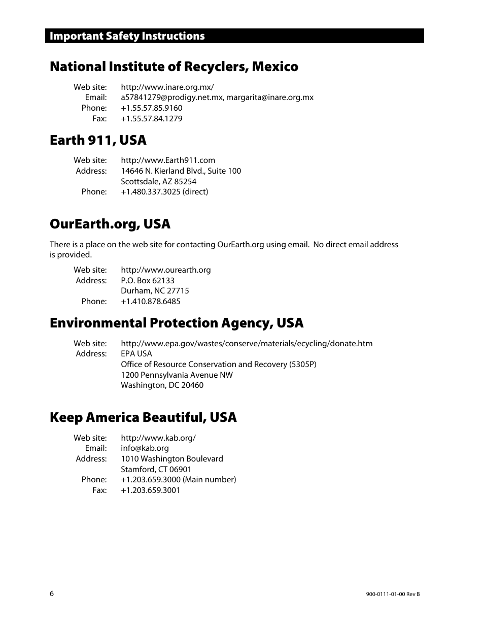 National institute of recyclers, mexico, Earth 911, usa, Environmental protection agency, usa | Keep america beautiful, usa, Important safety instructions | Outback Power Systems GFX International Series Installation Manual User Manual | Page 8 / 40